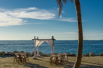 Verenigde Staten, Florida, Klaar voor romantisch strandbruiloftsfeest bij zonsondergang van adventure-photos