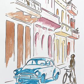 De straten van Havana (vrolijk abstract aquarel schilderij huizen Cuba balkon fiets oldtimer reizen) van Natalie Bruns