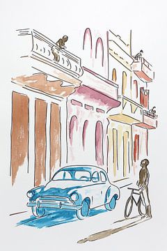 The streets of Havana (cheerful abstract watercolor painting houses Cuba balcony bicycle oldtimer tr