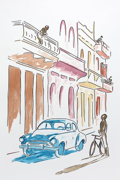 De straten van Havana (vrolijk abstract aquarel schilderij huizen Cuba balkon fiets oldtimer reizen) van Natalie Bruns