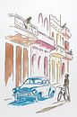 De straten van Havana (vrolijk abstract aquarel schilderij huizen Cuba balkon fiets oldtimer reizen) van Natalie Bruns thumbnail