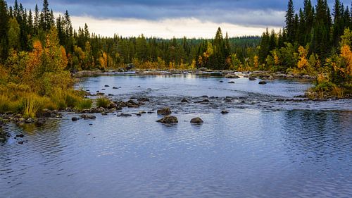 River in South Lapland with trees in autumn colors.