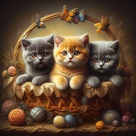 3 british shorthair kittens together in a basket by Bernhard Karssies