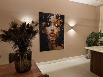 Klantfoto: Modern abstract portret in zwart en oranje/goud tinten van Carla Van Iersel