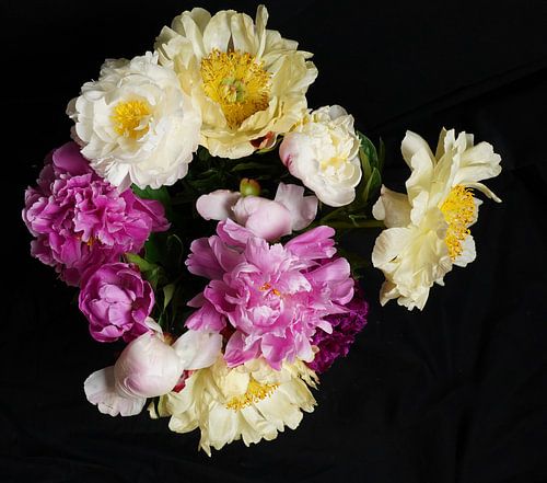 Pioenrozen in een vaas van bovenaf gefotografeerd