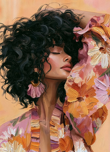 Woman with curls and a floral kimono