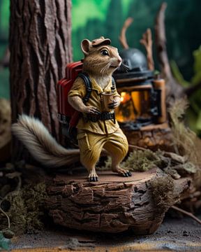 Humorous photorealistic illustration of a travelling squirrel