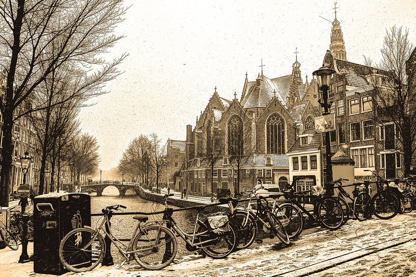 Oude Kerk Amsterdam Winter Sepia van Hendrik-Jan Kornelis