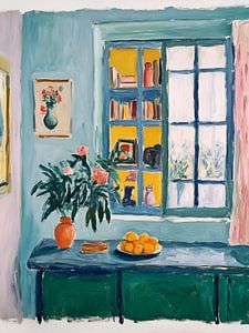 Stillleben Bücherregal mit Aussicht: Minimalistische Kunst im Matisse-Stil