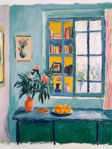 Stillleben Bücherregal mit Aussicht: Minimalistische Kunst im Matisse-Stil