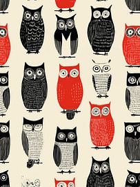 Graphic owls in black and red by Lauren Wilde
