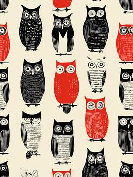 Graphic owls in black and red
