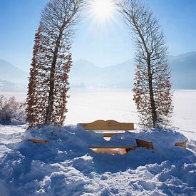 Houten bank onder een boog, winterlandschap van SusaZoom