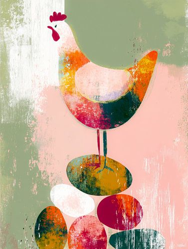 Abstract chicken with colourful eggs by But First Framing