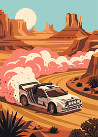 Rally car drifting Monument Valley road under giant moon by Adam Khabibi