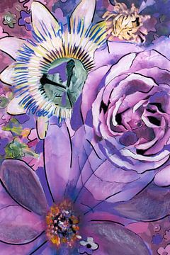 Mixed media met verschillende bloemen in paars. van Therese Brals
