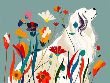 Pyrenese Berghond tussen Wilde Bloemen | Abstract Art van Karina Brouwer