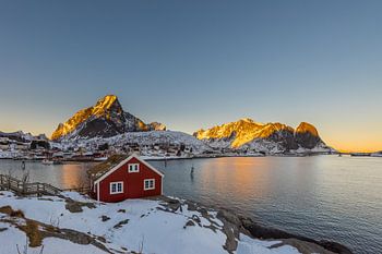 Typische rote Fischerhütte, Rorbu, bei Reine auf den Lofoten Inseln im Winter mit Schnee