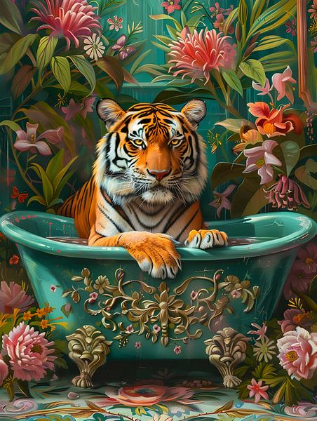Tiger in bath by But First Framing