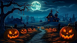 Kürbisse auf einem Bauernhof vor einem gruseligen Halloween-Nacht-Hintergrund mit Mond und Haus