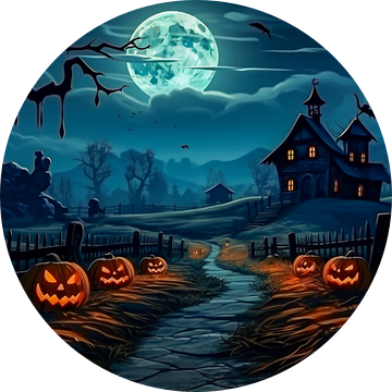 Pompoenen op een boerderij tegen een griezelige Halloween nacht achtergrond met maan en huis van Animaflora PicsStock