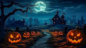 Pumpkins on a farm against a spooky Halloween night background with moon and house by Animaflora PicsStock