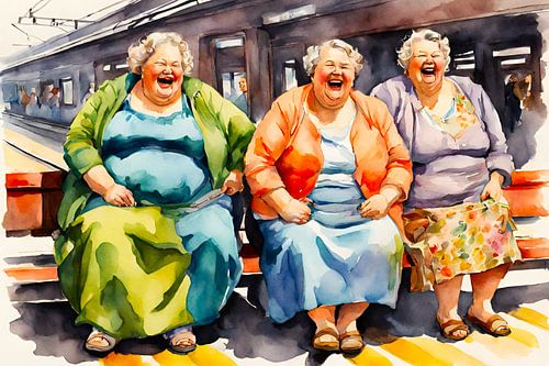 3 gezellige dames wachten op het station