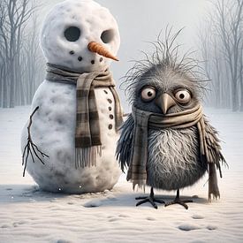 Wintervriendschap met een sneeuwpop van artefacti