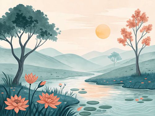 Eaux tranquilles, collines lointaines sur Artistic