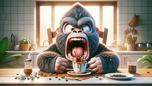 Gorilla genießt Kaffeepause mit explosiver Leidenschaft