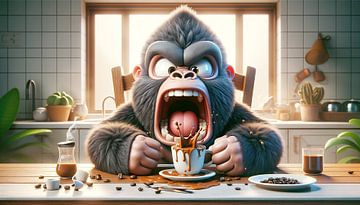 Gorilla geniet met explosieve passie van koffiepauze van artefacti