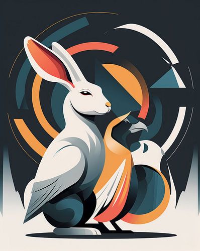 Konijn-hybride en vogel, abstract-geometrisch
