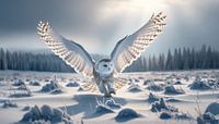 Snow hunting: Snowy owl in majestic flight