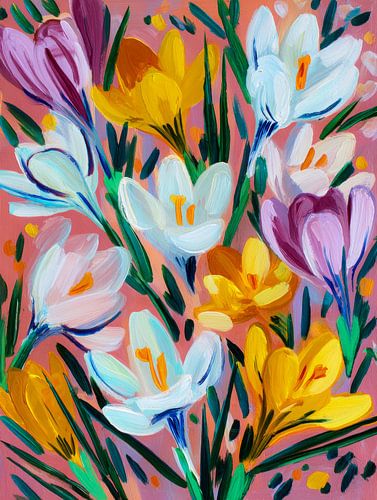 Crocus colorés dans un style de peinture ludique sur But First Framing