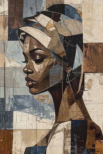 Abstract Vrouwenportret in Goudbruin en Blauw – Modern Kubistisch Kunstwerk op Canvas