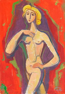 Karl Hofer, Standing female nude against a red background, 1954