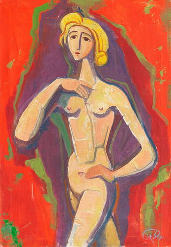 Karl Hofer, Staand vrouwelijk naakt tegen een rode achtergrond, 1954
