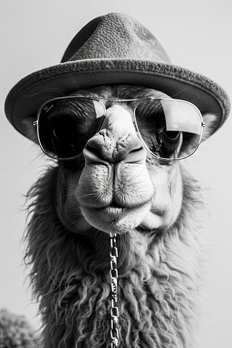 Black And White Portrait Of A Camel With Hat And Glasses