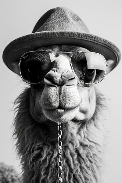 Black And White Portrait Of A Camel With Hat And Glasses by Poster Art Shop