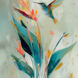 Kolibrie bij kleurrijke bloemen abstract van But First Framing