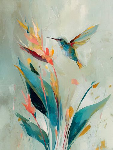 Kolibri bei bunten Blumen – abstrakt