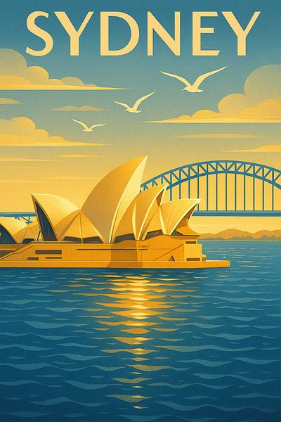 Sydney – Golden Harbour Art Deco Travel Print by Travel Shop
