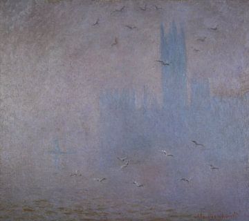 Seagulls. The Thames river in London. The Houses of Parliament, Claude Monet