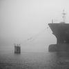 Schepen afgemeerd aan de steiger in de mist van scheepskijkerhavenfotografie