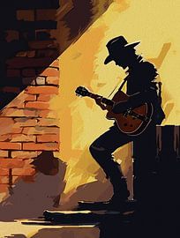 Cowboy Guitarist Wall Art – Rustic Western Musician Silhouette Print for Country Decor by Ramy Salah Hefny