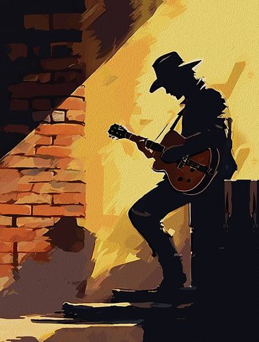 Cowboy Gitarist Muur Kunst - Rustieke Western Muzikant Silhouet Print voor Landelijk Decor