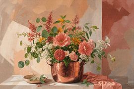 Ruhiges Blumenstillleben in einem Kupfertopf mit Dahlien „'“ und einem Schmetterling