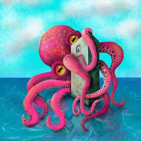 Grote rode Kraken digitaal kunstwerk van Bianca Wisseloo