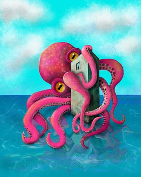 Grote rode Kraken digitaal kunstwerk van Bianca Wisseloo