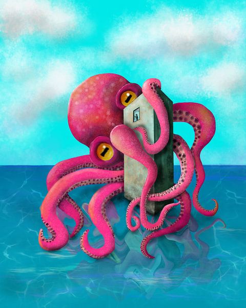 Großer roter Krake digitales Kunstwerk von Bianca Wisseloo